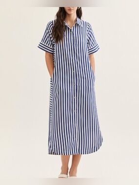 entro Navy & White Striped Button-Front Midi Shirt Dress